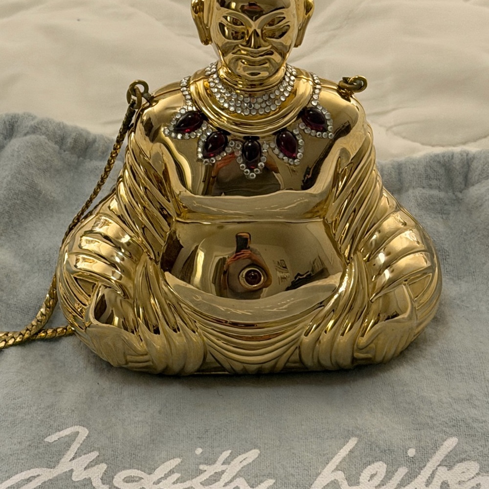 Judith Leiber Gold Buddha Clutch with Red Jewel Accents